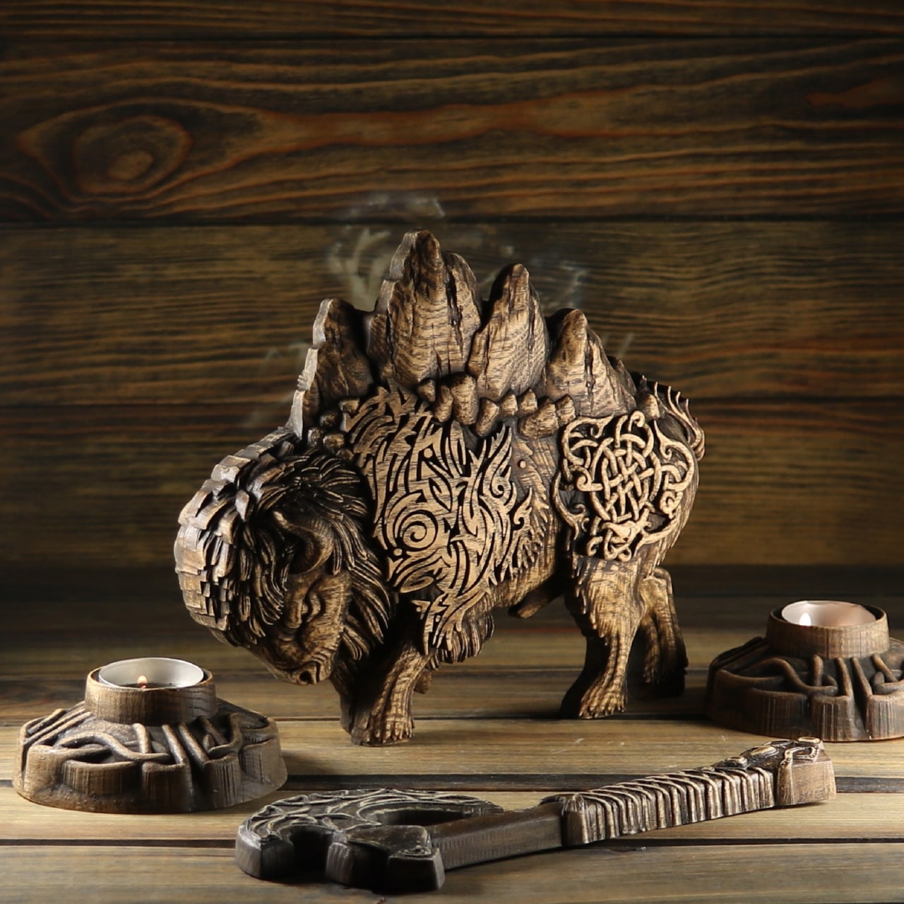 Buffalo, Bison figurine, wooden statue