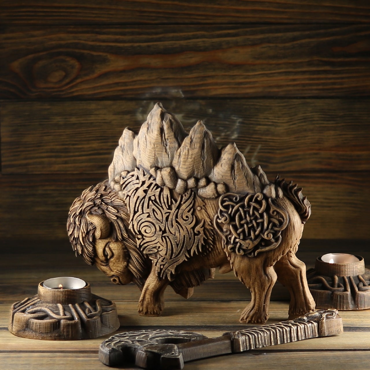 Buffalo, Bison figurine, wooden statue