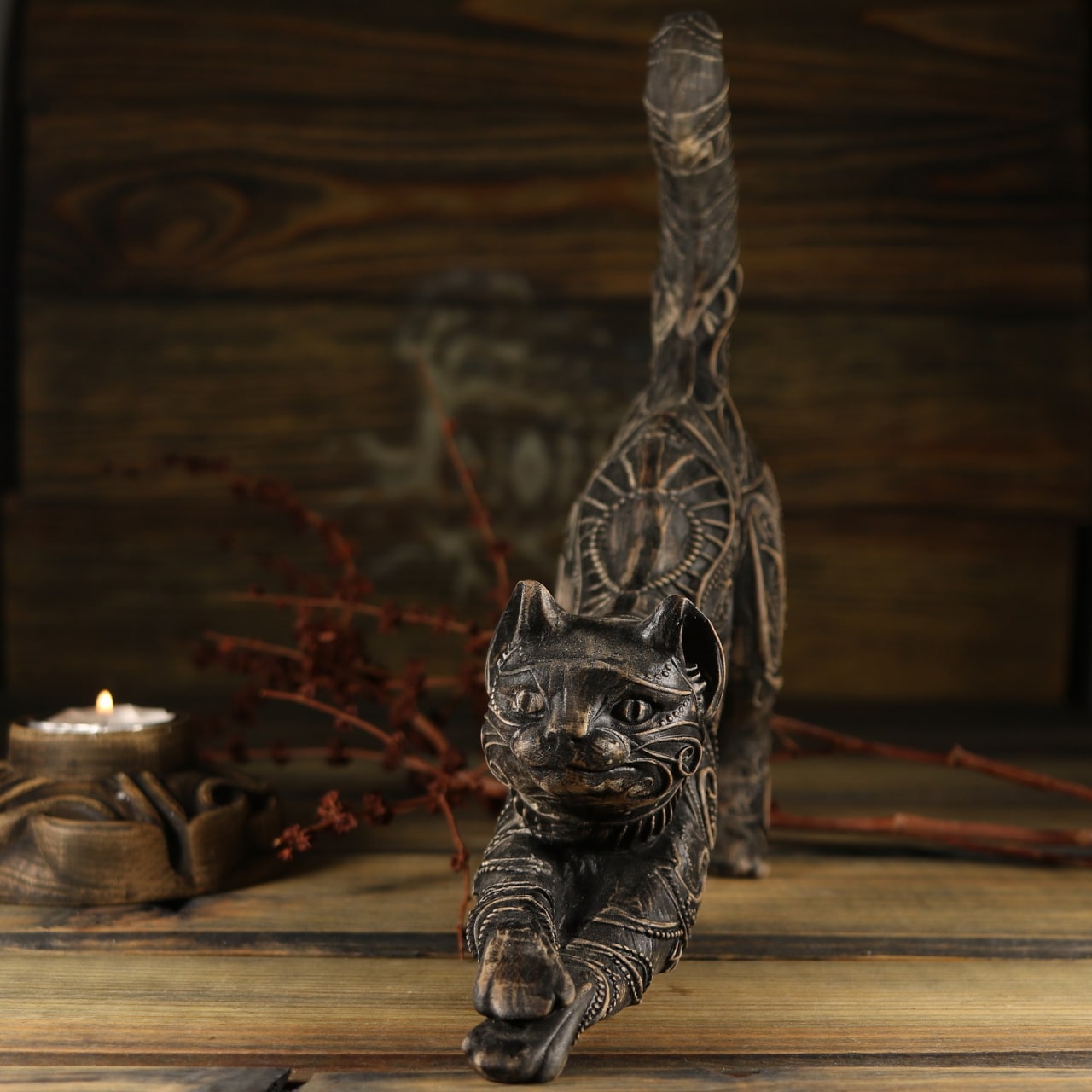 Cat, The Guardian Predator, wooden statue
