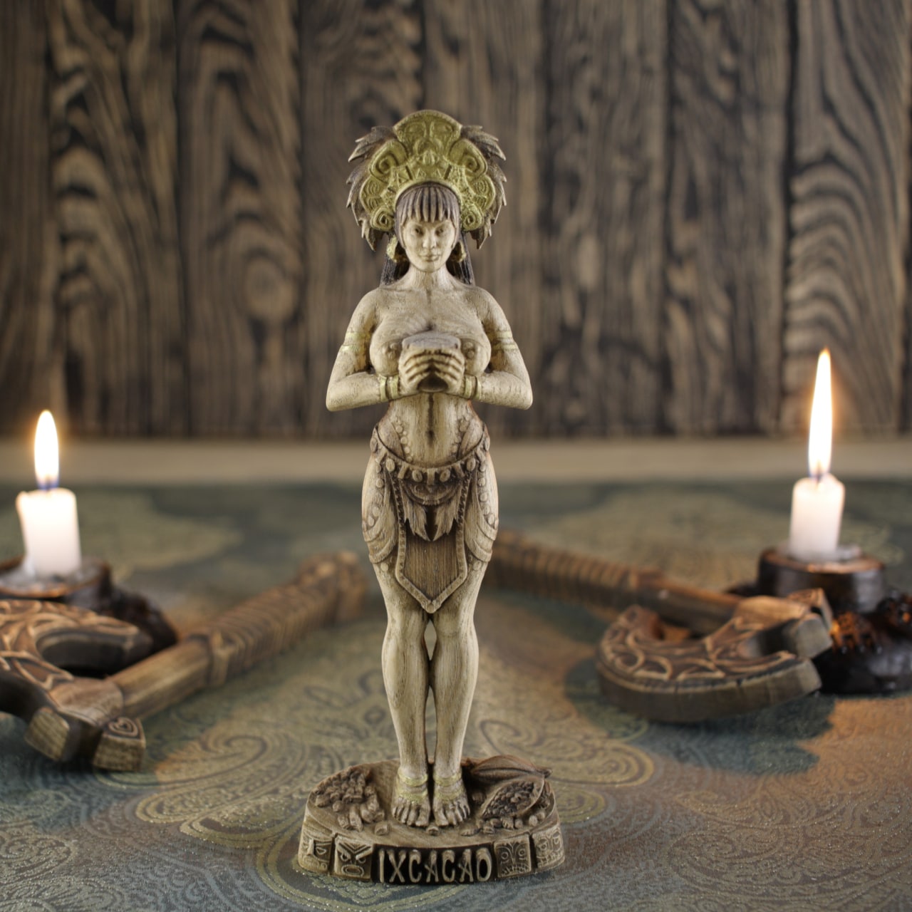 Wooden IxCacao Statue - Mayan Goddess Sculpture