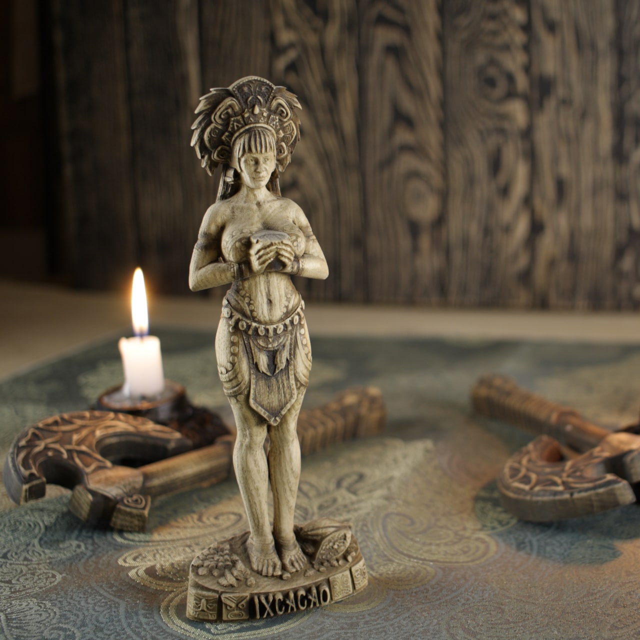 Wooden IxCacao Statue - Mayan Goddess Sculpture