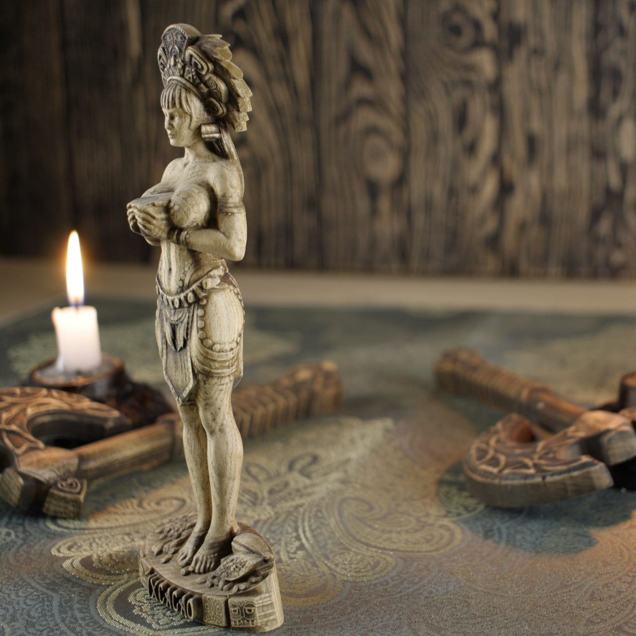 Wooden IxCacao Statue - Mayan Goddess Sculpture