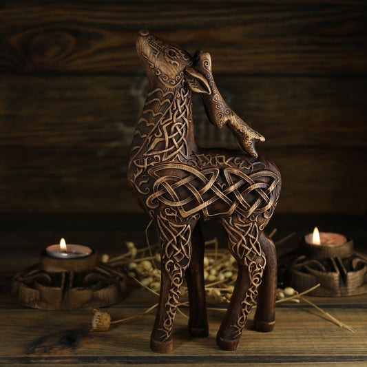 Deer, wooden statue, Viking decor