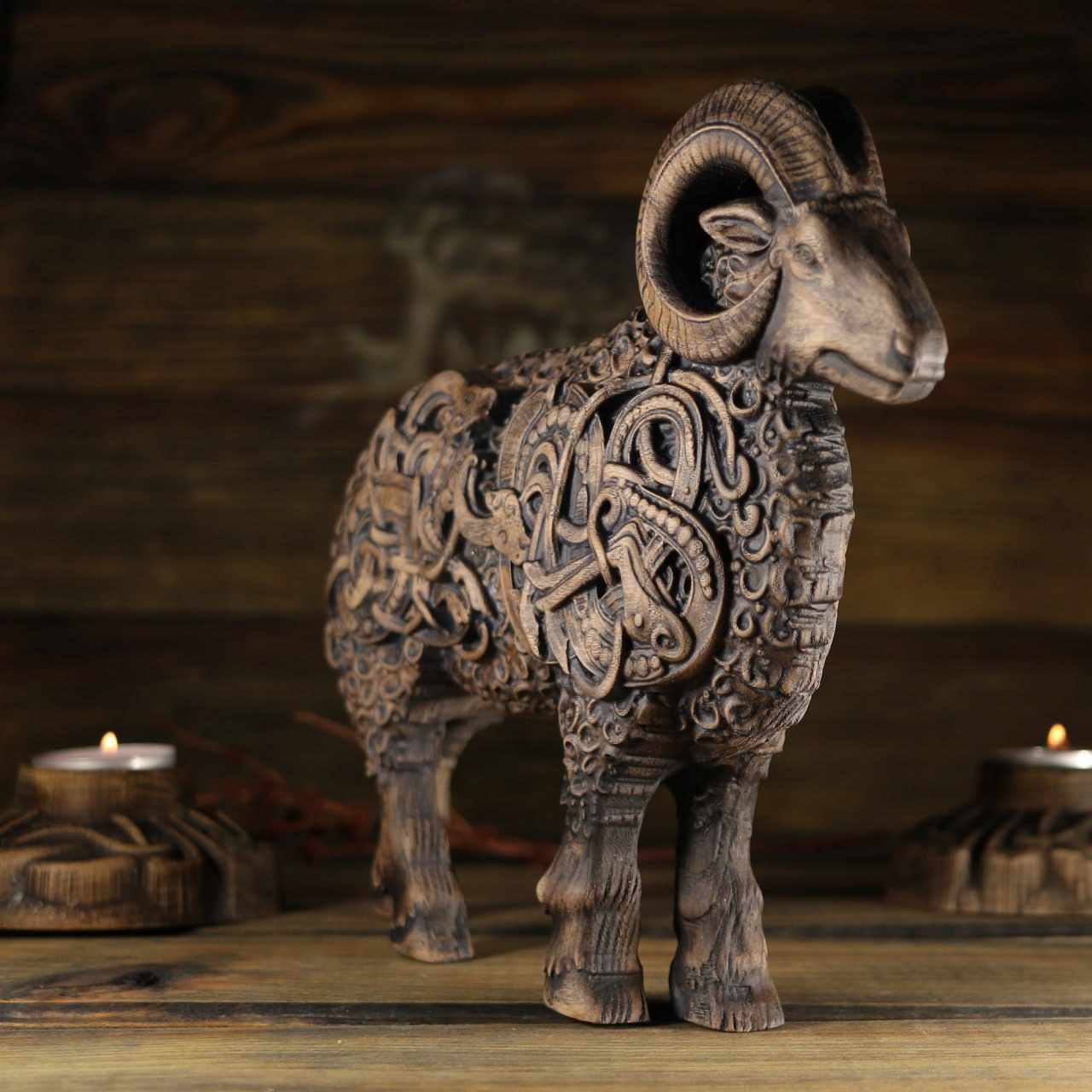 Wood Ram Statue - Norse Animal Statue